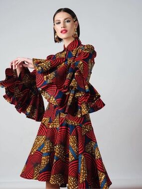 DEMESTIK Blue & Yellow Patterned Beyoncé  Dress